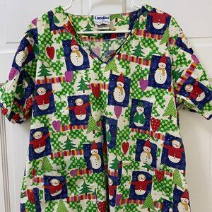 Landau Snowman Christmas Holiday Scrub Top Large